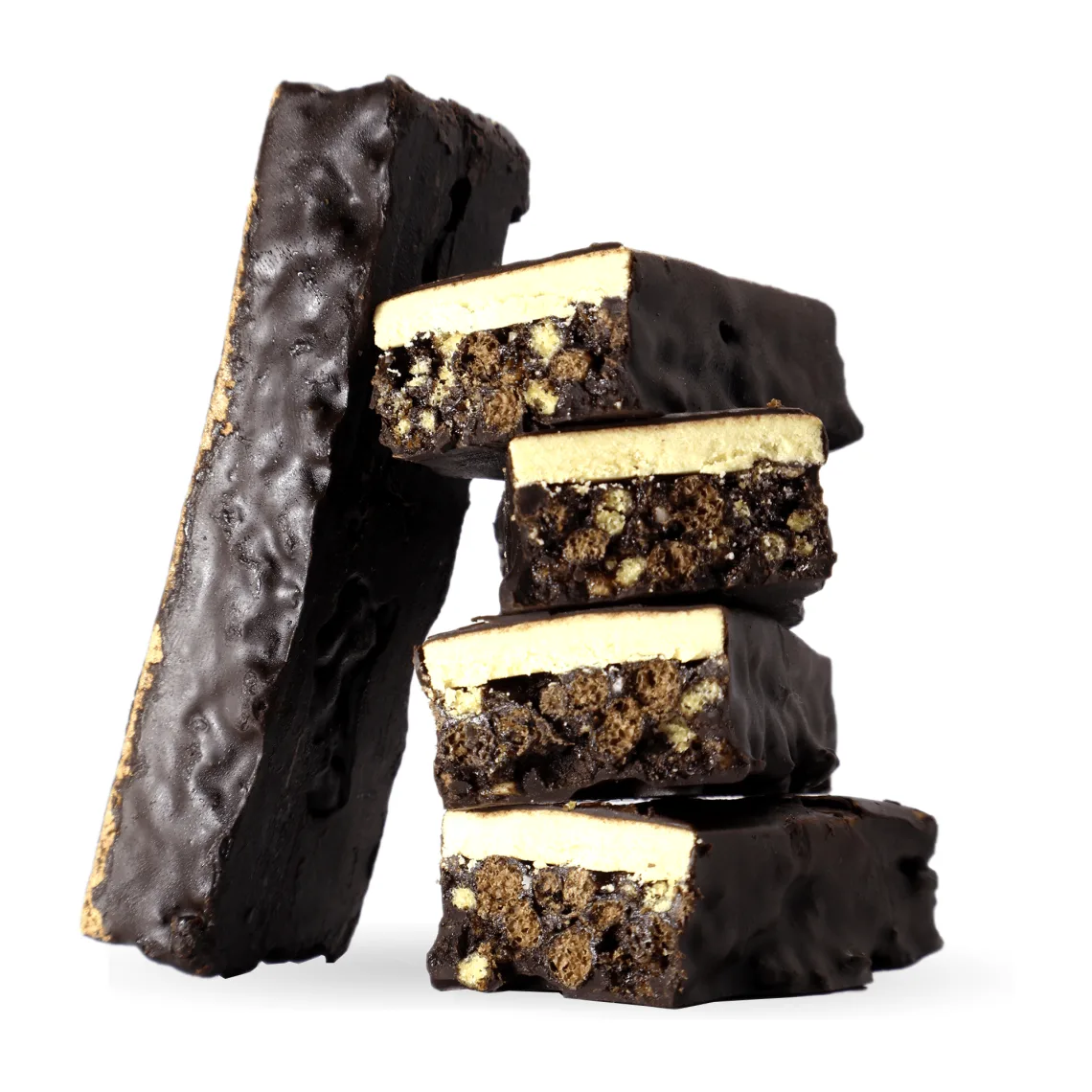 GORILLA Muscle Bar cut open: dark chocolate coating and protein crisp layers