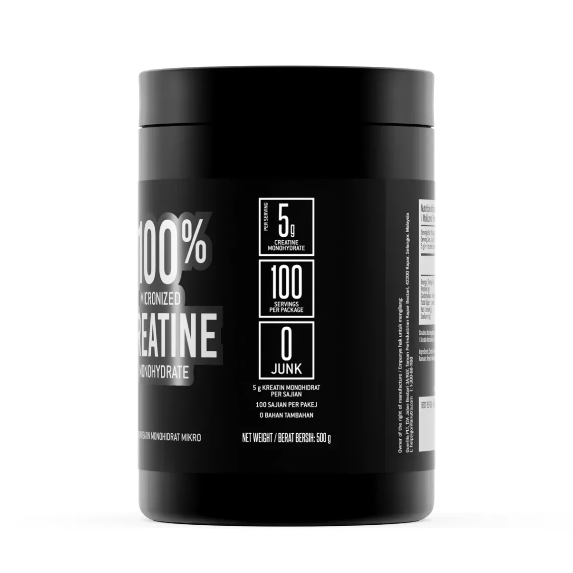 GORILLA creatine monohydrate tub side: 5 g per serving, 100 servings, 0 junk