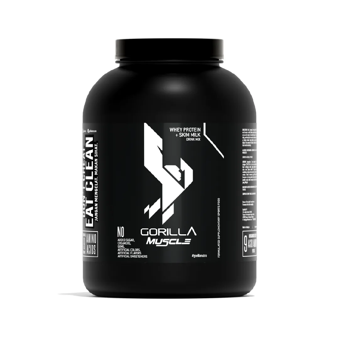 GORILLA Muscle Whey Protein tub, whey protein + skim milk drink mix