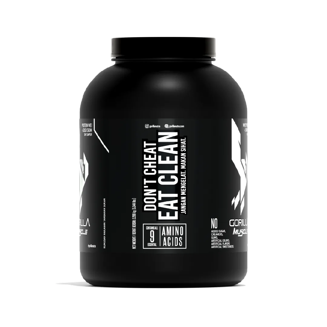 GORILLA Muscle Whey Protein tub, side: Don’t Cheat, Eat Clean, all 9 essential amino acids