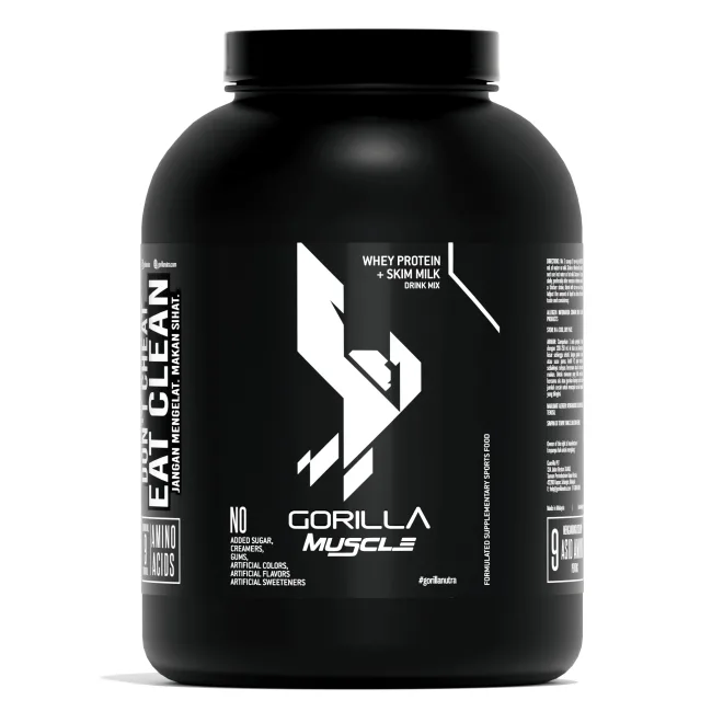 GORILLA Muscle Whey Protein tub, whey protein + skim milk drink mix
